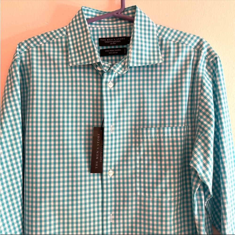 NWT Bloomingdale’s scuba blue checkered button down casual shirt large cotton